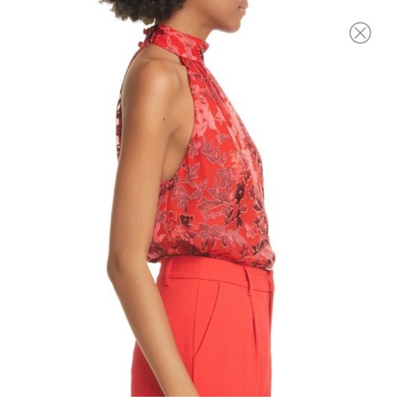 Alice & Olivia Ingrid Floral Print Satin Halter Top in Red - Picture 3 of 7